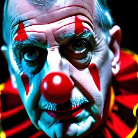 A vivid, detailed headshot of Charles de Gaulle as a scary clown in a dim, poorly-lit room, taken with a Sigma 85mm f/1.4