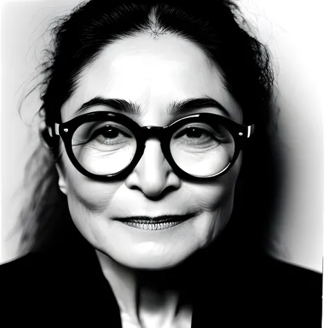 A vivid, detailed portrait of Yoko Ono, taken with a Sigma 85mm f/1.4