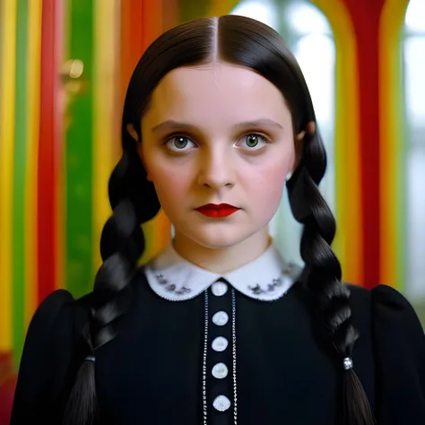 A vivid, detailed photograph of Wednesday Addams at Yugoslavia’s most baroque hotel & spa, as imagined by Wes Anderson, Sigma 85 mm f/1.4