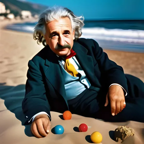 A vivid, detailed photograph of Albert Einstein; he’s dressed like a campy magician and relaxing on a beach in the Costa del Sol; Sigma 85mm f/1.4