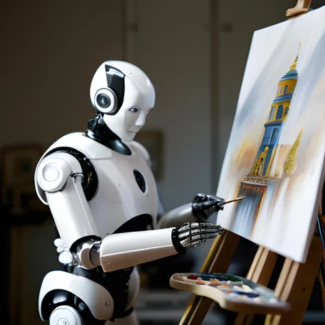 An intricate, high-detail photograph of a humanoid robot painting a masterpiece in an artist's studio, taken with a Sigma 85mm f/1.4