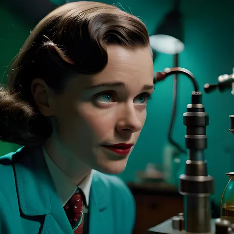 A vivid, detailed photograph of Ellie Arroway from Contact taken in the secret, 1950s government laboratory from The Shape of Water, as imagined by Guillermo del Toro, Sigma 85mm f/1.4