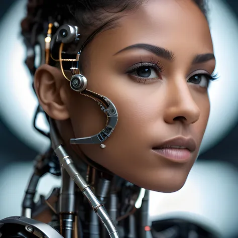 An intricate, high-detail photograph of a biomechanical cyborg with an intent look on her face, taken with a Sigma 85mm f/1.4