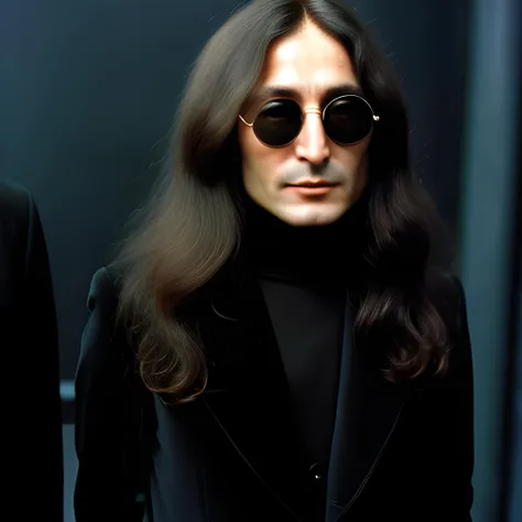 An intricate, high-detail photograph of John Lennon and Yoko Ono in 1970 as members of Morpheus's crew in The Matrix, dressed from head to toe in black, sharp, imposing, and full of foreboding, taken with a Sigma 85 mm f/1.4