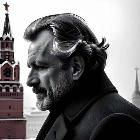 A vivid, intricate, high-detail photograph of the grizzled Soviet detective Arkady Renko, in profile, wearing a long coat during the depths of a Moscow winter; the buildings of Moscow’s Red Square are just visible in the background