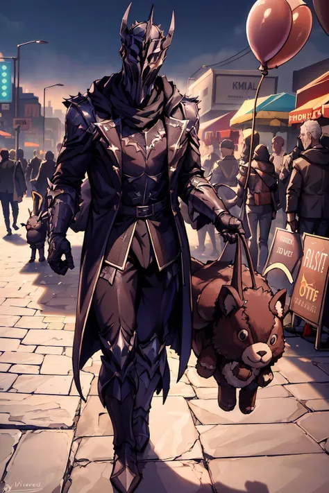 best quality, highres, high resolution, high detail, sharp focus, cinematic shadow, directional lighting, <lora:sauron:0.5>.
Lord Sauron wearing a letterman jacket, walking through a bright colorful festival, holding a fluffy stuffed animal and the string of a floating balloon.