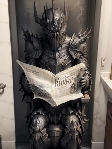<lora:sauron:0.7> dark lord sauron pooping on a toilet, bathroom, reading a newspaper