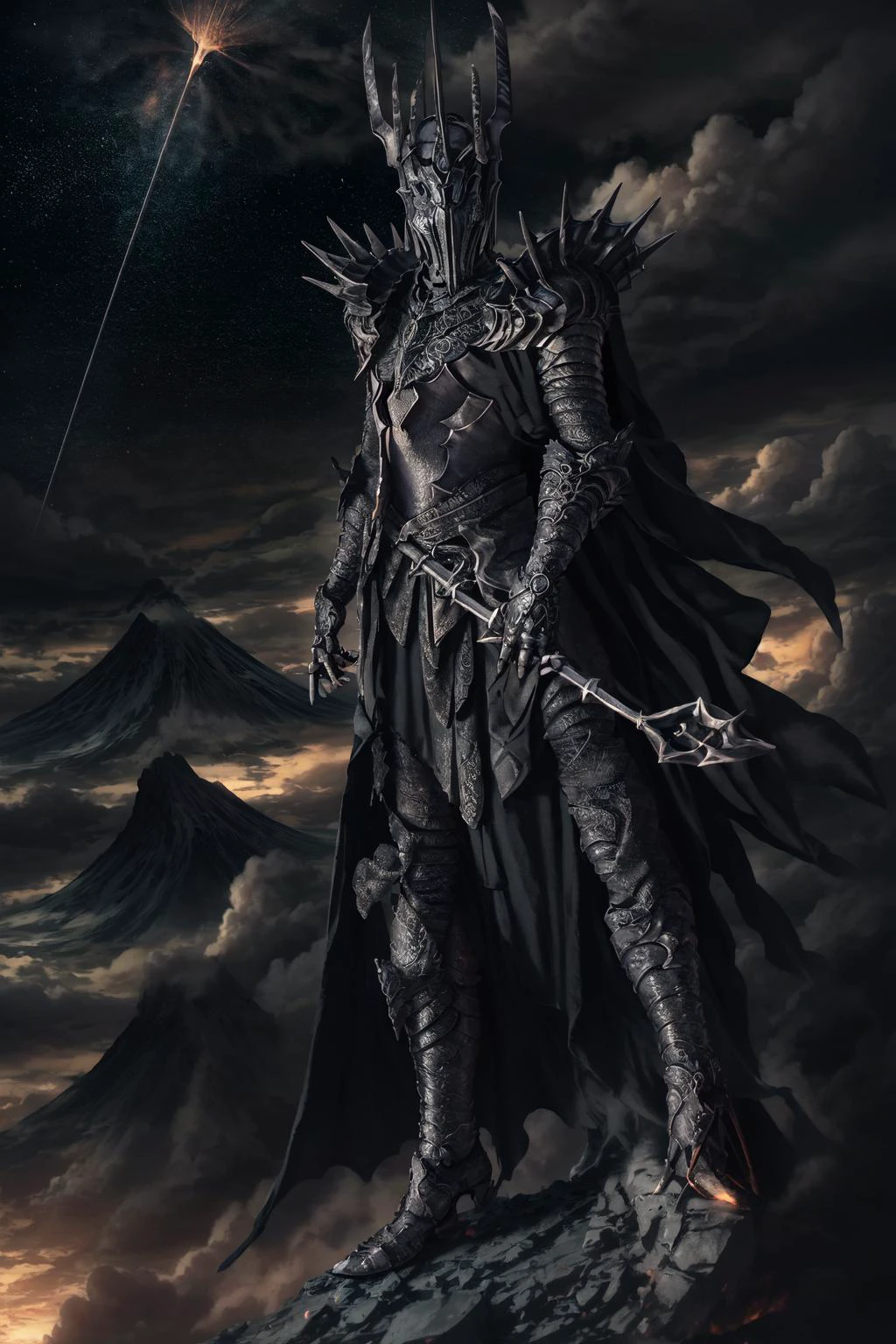(masterpiece, best quality), intricate details, 8k, artstation, wallpaper, official art, sharp focus,
(1boy:1.2), <lora:sauron:0.8> lotr, sauron, <lora:scenery-000016:0.4> reflection, starry sky, lava, volcano,