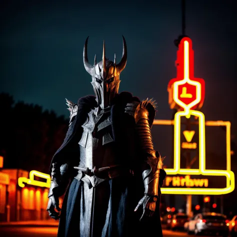 RAW photo, lotr, sauron, on city street, cars, (((android))), (((neon))), ((robot)), (high detailed:1.2), 8k uhd, dslr, soft lighting, high quality, film grain, Fujifilm XT3 <lora:sauron:0.4>