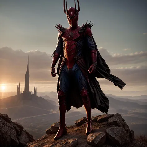 (full frame) photo of spiderman in sauron armor, standing on a rock, (daylight), (sun), (intricate details), hdr, (intricate details, hyperdetailed:1.2), cinematic shot, (centered)  <lora:sauron:0.6>