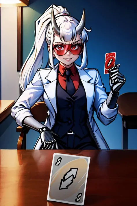 (masterpiece, best quality:1.2), solo, 1girl, htloremaster, evil grin, looking at viewer, mechanical arms, PlayingCards, IncrRvrsCard, holding, card, table, holding card, arrow \(symbol\), sitting, indoors, playing card, pov across table, ponytail, horns, goggles, tinted eyewear, open clothes, labcoat, red shirt, black necktie, black pants <lora:helltaker_loremaster:0.8> <lora:PlayingCards:0.5> <lora:UnoReverseCard:1.1>