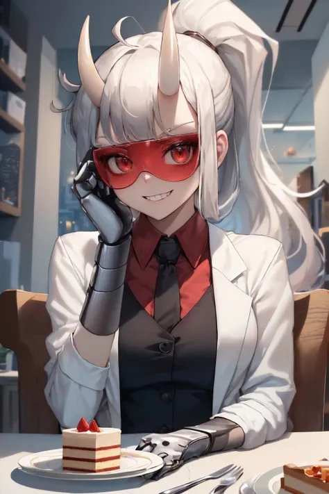 (masterpiece, best quality:1.2), upper body, solo, 1girl, htloremaster, mechanical arms, evil grin, looking at viewer, head rest, ponytail, horns, goggles, tinted eyewear, open clothes, labcoat, red shirt, black necktie, indoors, table, plate, cake <lora:helltaker_loremaster-13:1>