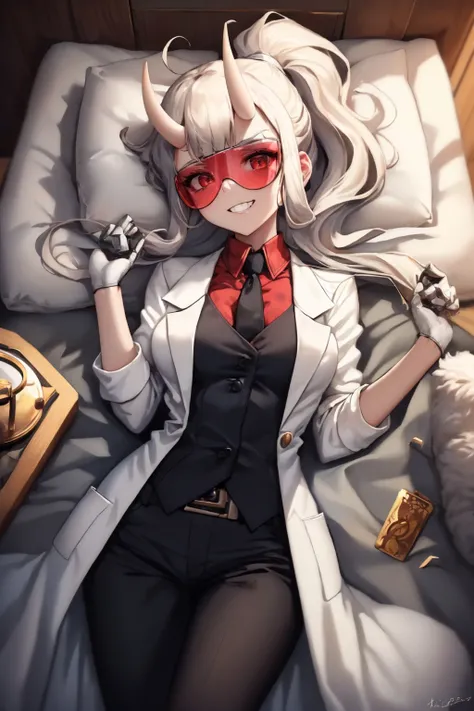 (masterpiece, best quality:1.2), from above, solo, 1girl, htloremaster, evil grin, looking at viewer, lying, on back, ponytail, horns, goggles, tinted eyewear, v-shaped eyebrows, open clothes, labcoat, red shirt, black necktie, black pants, bed <lora:helltaker_loremaster-13:1>