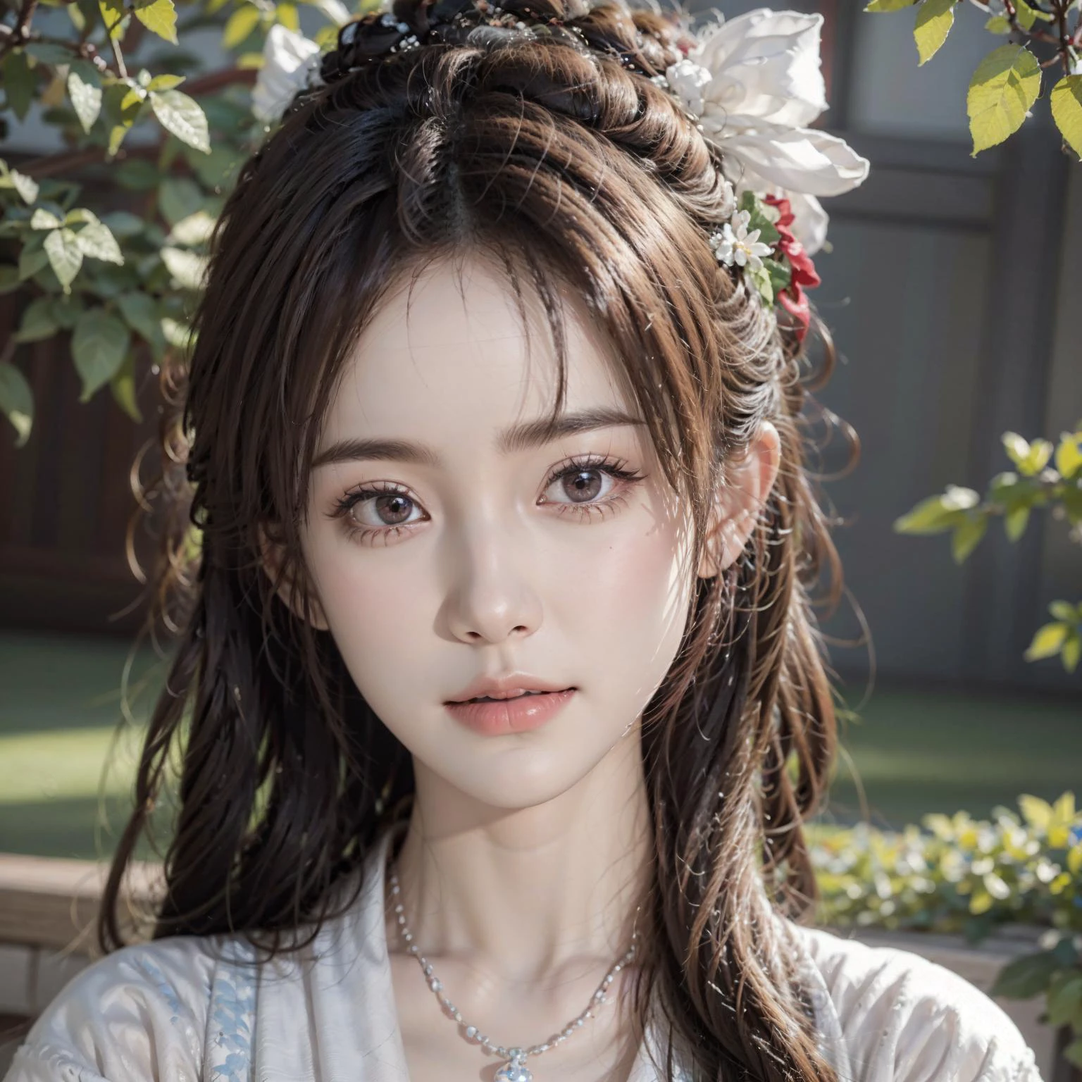 (RAW photo, best quality),(realistic, photo-realistic:1.3),masterpiece,extremely detailed,CG,unity,2k wallpaper,Amazing,finely detail,light smile,extremely detailed CG unity 8k wallpaper,huge filesize,ultra-detailed,highres,absurdres,soft light,1 girl,(yo),cute,innocent,pink blush,round eyes,long eyelashes,small nose,pink lips,rosy cheeks,light brown hair,straight hair,hairpin,white dress,floral pattern,lace trim,pink ribbon,pearl necklace,holding flowers,sitting on grass,sunny day,blue sky,fluffy clouds,beautiful detailed background,shallow depth of field,bokeh,warm and soft lighting,<lora:girl_nvhai41:0.8>,