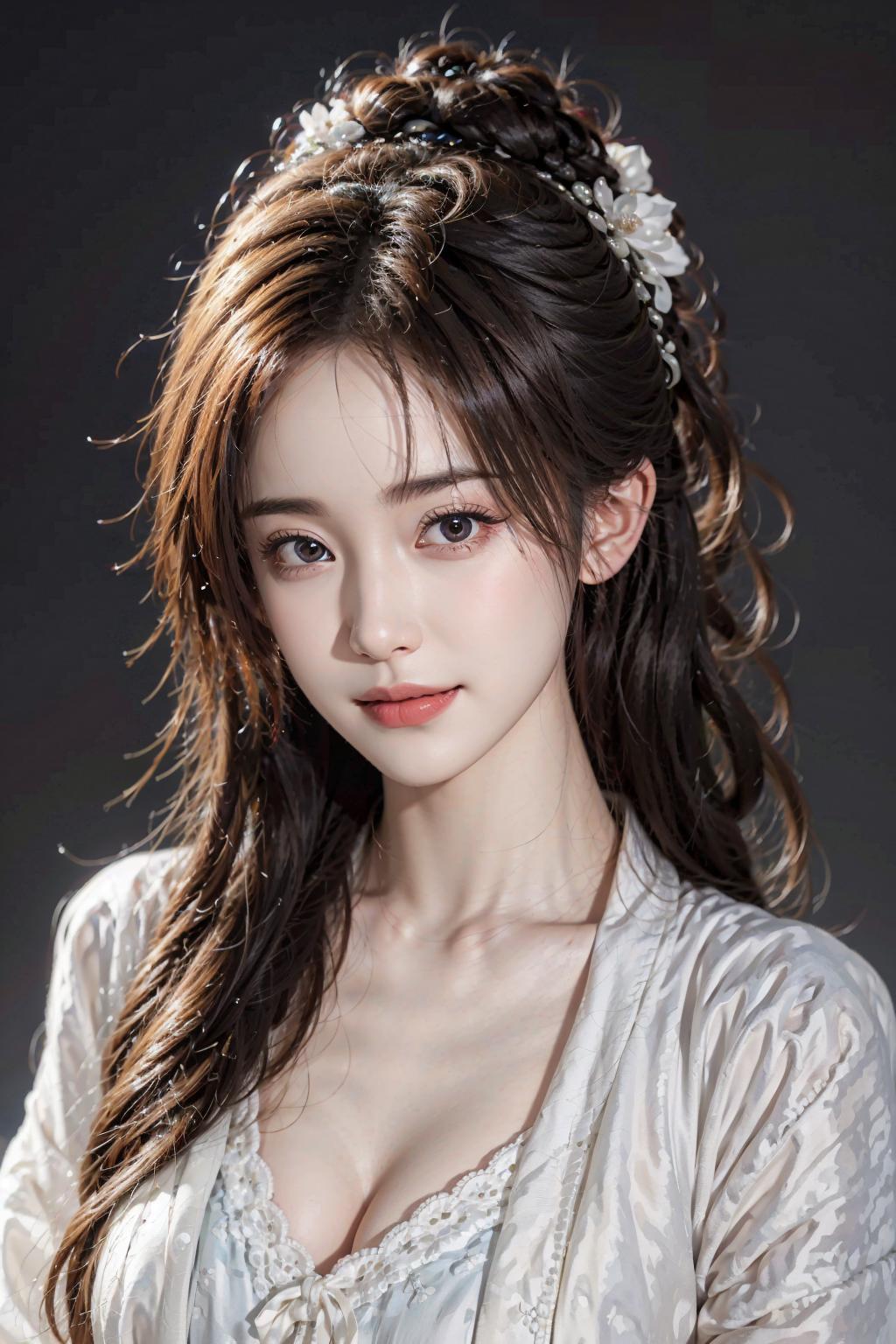 A woman with long hair wearing a white dress and a flower in her hair ...