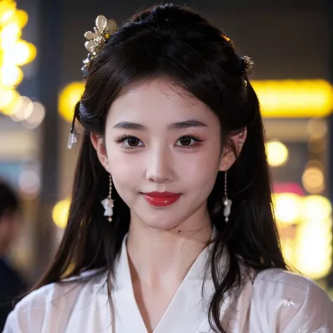 <lora:girl_05:0.8>,face lighting,bright backlight,super high resolution,best quality,Photos,4k,(Realistic:1.2),1girl,black hair,long hair,hair_ornament,look to the lens,(bust:1.2),fair_skin,lipstick,hanfu,smile,