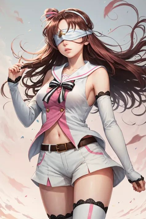 best quality, intricate details,
1girl,
 <lora:waifuSoulsAnimeDark_v10:0.8> (blindfold, covered eyes:1.3) torn armor, underboob, tattered clothes, pauldrons, gauntlets, broken armor, belts, multiple belts, 
 <lora:kizunaAiKizunaAiInc_v10:0.8> kizuna ai, long hair, brown hair, multicolored hair, short shorts, floating hair, pink hairband, white shorts, detached sleeves, navel, sailor collar, streaked hair, pink hair, blue eyes, white thighhighs, medium breasts, lace-trimmed sleeves, sleeveless shirt, striped, white sailor collar, bowtie, hair bow, swept bangs, white shirt, lace-trimmed legwear,