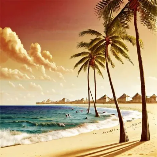 beach landscape, surrealism, abstract, intricate detail, golden ratio, in the style of dahli, warm colors, palm tree