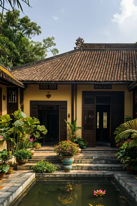 photograph, exterior, vietnamese heritage house, terracotta tiled gable roof, yellow ochre walls, centre lotus pond, wooden doorways, open veranda, serene atmosphere, colonial influences, lush potted plants, terracotta floor, tropical plantings, verdant potted plants on porch, soft shadows, tranquil, overcast sky, wide angle view <lora:AIDVN_VietnameseHeritageHouse_v05:0.5>