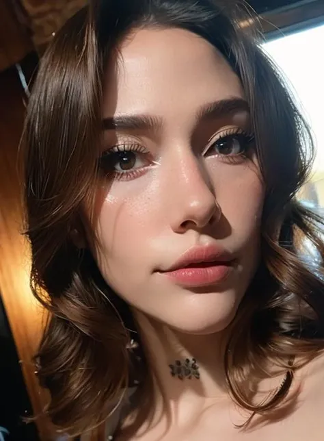 arafed woman with long brown hair and a necklace on, wearing gold detailed choker, wearing black choker, wearing choker, wearing intricate black choker, pokimane, choker around neck, black leather choker, portrait sophie mudd, choker on neck, inspired by Evert Collier, gold choker, piercings collar, perfect face ), jeweled choker