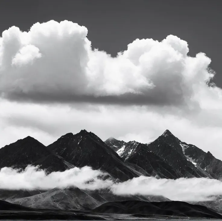 Rich in detail,Gray,Monochrome,black-and-white photograph,,black-and-white photograph,greyscale,monochrome,no humans,page number,cloud,sky,cloudy sky,outdoors,Huge Mountains,<lora:add_detail:1>