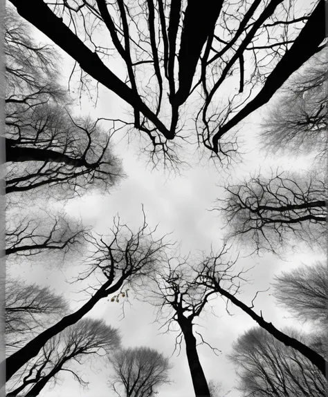 ,black-and-white photograph,This image portrays a view from below of barren trees against a cloudy sky,forming a natural frame,leafless branches,contrasting textures,overcast light,monochrome palette,birch trees,winter or autumn season,symmetrical composition,looking upwards perspective,dramatic nature scene,no discernible artist influence,high quality,<lora:é»ç½1>
