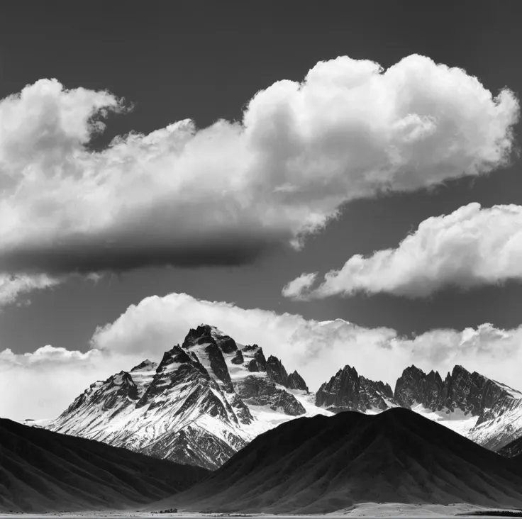 Rich in detail,Gray,Monochrome,black-and-white photograph,,black-and-white photograph,greyscale,monochrome,no humans,page number,cloud,sky,cloudy sky,outdoors,Huge Mountains,<lora:add_detail:1>