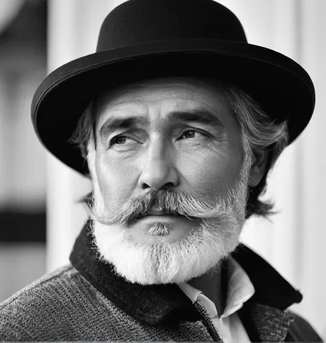 Gray,Monochrome,(black-and-white photograph:1.5),1boy,male focus,beard,monochrome,facial hair,solo,greyscale,hat,old,closed mouth,old man,closed eyes,portrait,realistic,long hair,profile,mustache,from side,,<lora:heibaishey:0.8>