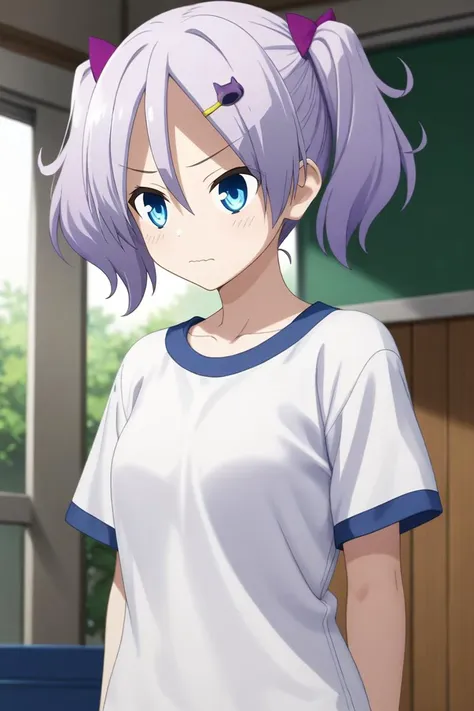 score_9, score_8_up, score_7_up, source_anime, rating_safe, , (3d:0.4), , , 1girl, solo, <lora:kaname_arisugawa_pony:0.78>, kaname_arisugawa, purple hair, blue eyes, short hair, twintails, short twintails, hair between eyes, hair ornament, hairclip, cowboy shot, gym, dark, breast rest, wavy mouth, , <lora:sdxl_lightning_8step_lora:1>