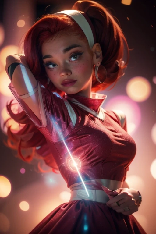 24 years old atomic betty, ginger, red hair, pink dress with white sleeves, atomic sign, ttcolor, bokeh effect, <lora:atomic_betty2:1>. <lora:BokehMecha:0.6> <lora:beauty_eyes:0.2> <lora:perfecteyes-000007:0.25> <lora:ttcolor_v2:0.25> <lora:ilse2.2:0.6>