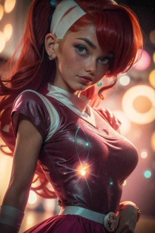 24 years old atomic betty, ginger, red hair, pink dress with white sleeves, atomic sign, ttcolor, bokeh effect, <lora:atomic_betty2:1>. <lora:BokehMecha:0.6> <lora:beauty_eyes:0.2> <lora:perfecteyes-000007:0.25> <lora:ttcolor_v2:0.25> <lora:ilse2.2:0.6>