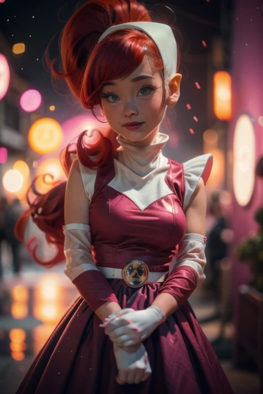 24 years old atomic betty, ginger, red hair, pink dress with white sleeves, atomic sign, ttcolor, bokeh effect,<lora:atomic_betty2:1>. <lora:BokehMecha:0.6> <lora:beauty_eyes:0.2> <lora:perfecteyes-000007:0.25> <lora:ttcolor_v2:0.25> <lora:ilse2.2:0.6>