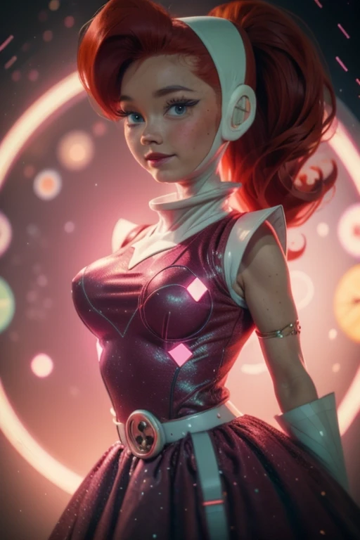 atomic betty, ginger, red hair, pink dress with white sleeves, atomic sign, ttcolor, bokeh effect. <lora:BokehMecha:0.6> <lora:beauty_eyes:0.2> <lora:perfecteyes-000007:0.25>  <lora:ttcolor_v2:0.25> <lora:ilse2.2:0.6>