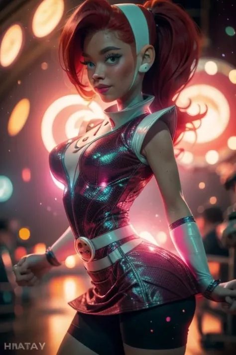 24 years old atomic betty, ginger, red hair, pink dress with white sleeves, atomic sign, ttcolor, bokeh effect <lora:atomic_betty2:1>. <lora:BokehMecha:0.6> <lora:beauty_eyes:0.2> <lora:perfecteyes-000007:0.25> <lora:ttcolor_v2:0.25> <lora:ilse2.2:0.6>