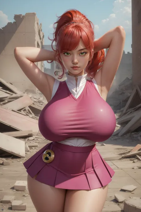 microskirt,huge breasts,ponytail,(masterpiece:1.2, best quality),highly detailed,atomic betty,green eye,pink clothes,red hair,<lora:microskirt_v0.2:0.6>,<lora:atomic_betty2:0.9>,(<lora:gigatitums:0.4>),rubble_ruins,