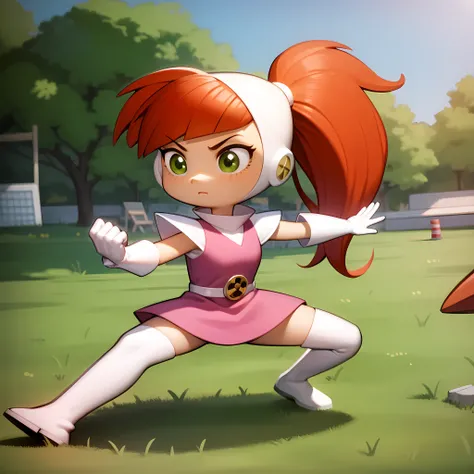 ((masterpiece, best quality)),(complex light), 1girl, ,solo,solo focus, full body, atomic betty, <lora:atomic_betty2-10:0.8>,ponytail, red hair, gloves, chibi,fighting stance,pink dress, thigh boots,
