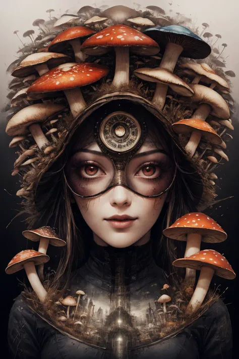 girl, sexy, pretty mushroom, love, double exposure steampunk style, amazing depth,high resolution, sharp, 4k, realistic,
 <lora:Mushroom_PortraitSD1.5:1>