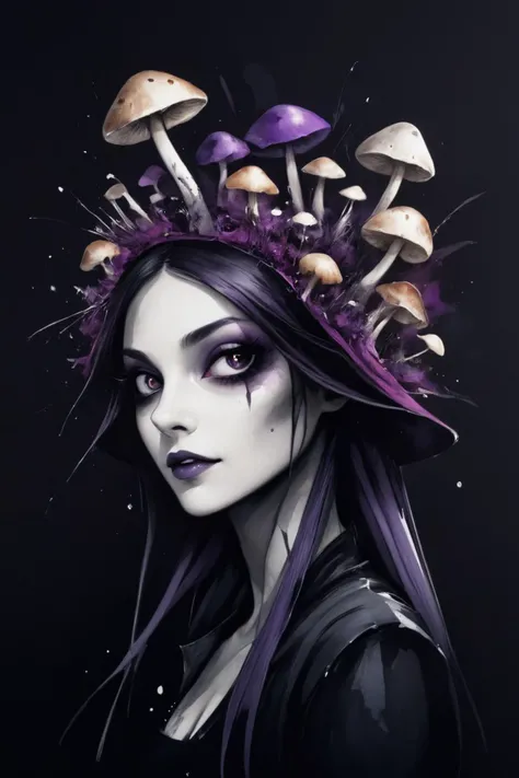 girl, pretty mushroom, funny, portrait, looking left,  sharp,  background dark vampire style, amazing depth,high resolution, ink painting, black purple
 <lora:Mushroom_Portrait_V1:1>