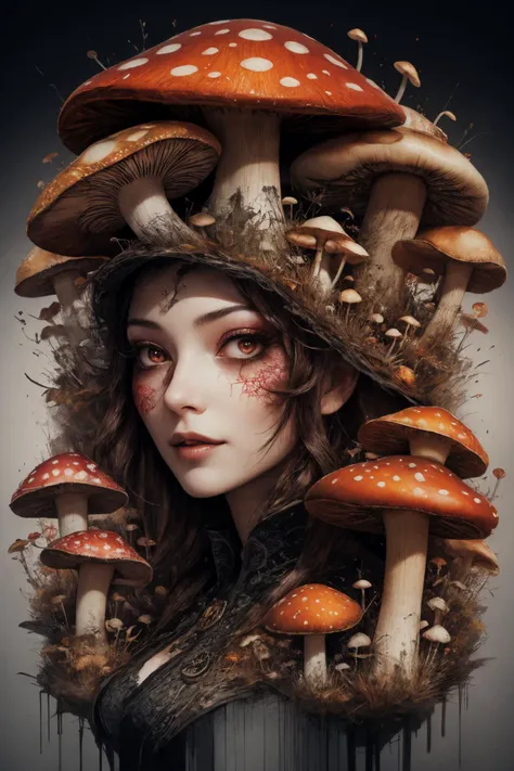 girl, sexy, pretty mushroom, love, double exposure steampunk style, amazing depth,high resolution, sharp, 4k, realistic,
 <lora:Mushroom_PortraitSD1.5:1>