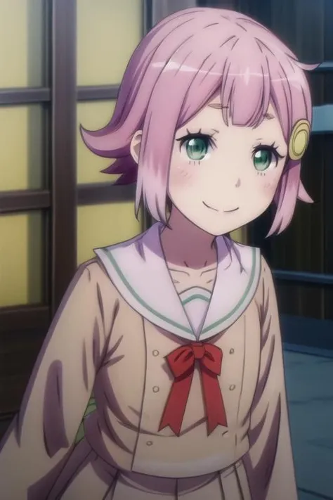 <lora:mangetsu_cohinata:0.8> mangetsu_cohinata,green_eyes,left hair_ornament, loafers, long_sleeves, pink_hair, pleated_skirt, sailor_collar, school_uniform, serafuku, short_hair, white_legwear
(face up:1.5),smile ,Short girl,15yo girl