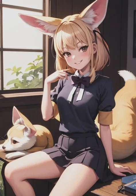 <lora:Fennec:0.8>, Fennec,1girl, solo, smirk, sitting,, (masterpiece, best quality, detailed:1.3), charming