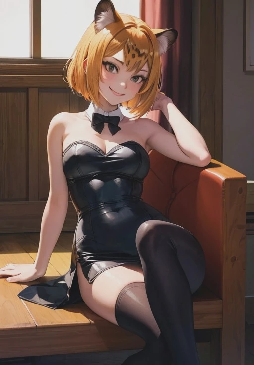 masterpiece, Highest quality, High resolution, One girl, alone, short hair, Blonde, blue eyes, casino, Playboy Bunny, Bunny ears, smile, Crossing your legs, Sitting