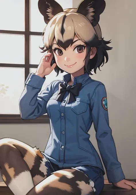 <lora:African_Wild_Dog:0.8>, African_Wild_Dog,1girl, solo, smirk, sitting,, (masterpiece, best quality, detailed:1.3), charming