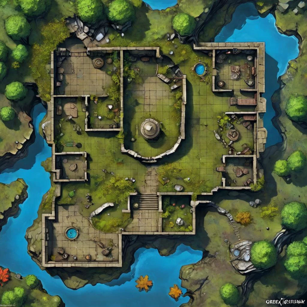 tabletop dungeon battlemap, green moss, lake, underground enchanted forest seen from above, statues, traps, broken cart, ancient stone walls, buildings, ruins fantasy concept art, greg rutkowski <lora:DD_Table_RPG:0.5>
