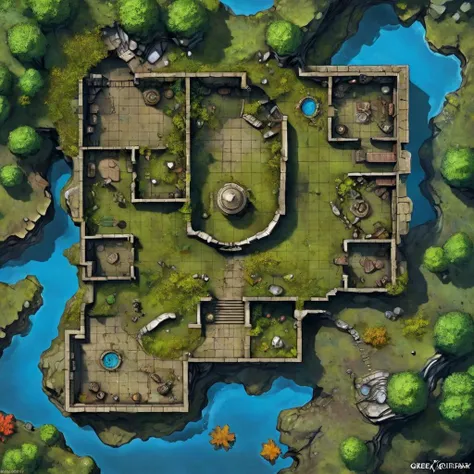 tabletop dungeon battlemap, green moss, lake, underground enchanted forest seen from above, statues, traps, broken cart, ancient stone walls, buildings, ruins fantasy concept art, greg rutkowski <lora:DD_Table_RPG:0.5>