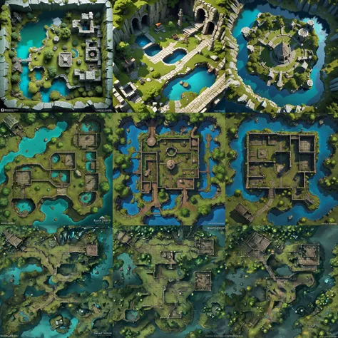 tabletop dungeon battlemap, green moss, lake, underground enchanted forest seen from above, statues, traps, broken cart, ancient stone walls, buildings, ruins fantasy digital painting by romain jouandeau, greg rutkowski, richard schmid, concept art, 4 k, 8 k, gold and teal color scheme <lora:DD_Table_RPG:0>
