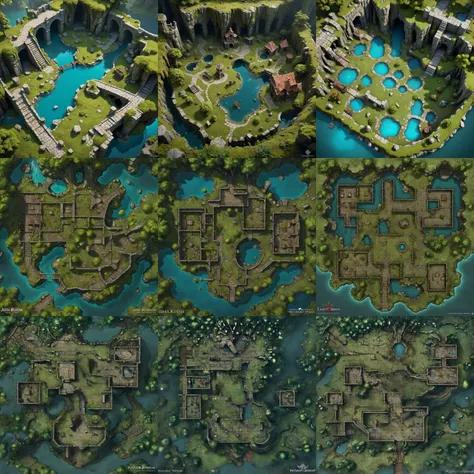 tabletop dungeon battlemap, green moss, lake, underground enchanted forest seen from above, statues, traps, broken cart, ancient stone walls, buildings, ruins fantasy digital painting, highly detailed, artstation, concept art, illustration, global illumination, ray tracing, realistic shaded, art by artgerm and greg rutkowski and fuji choko and viktoria gavrilenko and hoang lap <lora:DD_Table_RPG:0>