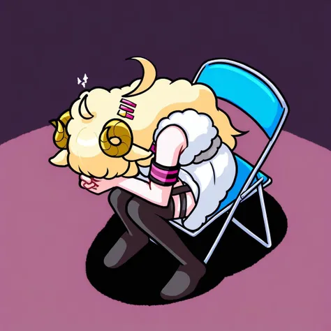 <lora:xl_shinji_in_a_chair(a3.1):1>, sitting,folding chair,
<lora:last_1:1>, horns, WatameNightFever, long hair, ahoge, hairclip, sheep horns, sheep ears, white dress, sleeveless, arm band, thigh strap, black thighhighs