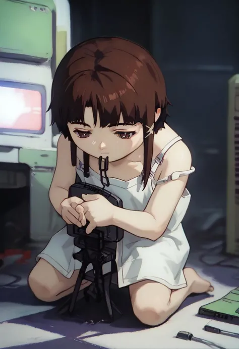 score_9, score_8_up, score_7_up, score_6, source_anime, lain, kneeling, chibi, kawaii, white camisole, sitting,folding chair, dark computer room, watercooling systems, computer screens, computer room, computers, computer cables, network cables, lain's bedroom, low light, pitch dark, dark night, dark ambiance, puddles, wet floor