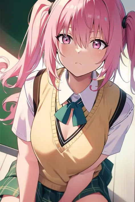 nanadeviluke, <lyco:nanadeviluke-LYCORIStest:1>,
nana asta deviluke, fang, long hair, (pink eyes:1.5), pink hair, tail, twintails, (flat chest:1.2),
BREAK green skirt, plaid, plaid skirt, sainan high school uniform, school uniform, skirt, shirt, white shirt, sweater vest, (yellow sweater vest:1.5), short sleeves,
BREAK looking at viewer,
BREAK indoors, classroom,
BREAK <lora:GoodHands-vanilla:1>, (masterpiece:1.2), best quality, high resolution, unity 8k wallpaper, (illustration:0.8), (beautiful detailed eyes:1.6), extremely detailed face, perfect lighting, extremely detailed CG, (perfect hands, perfect anatomy),